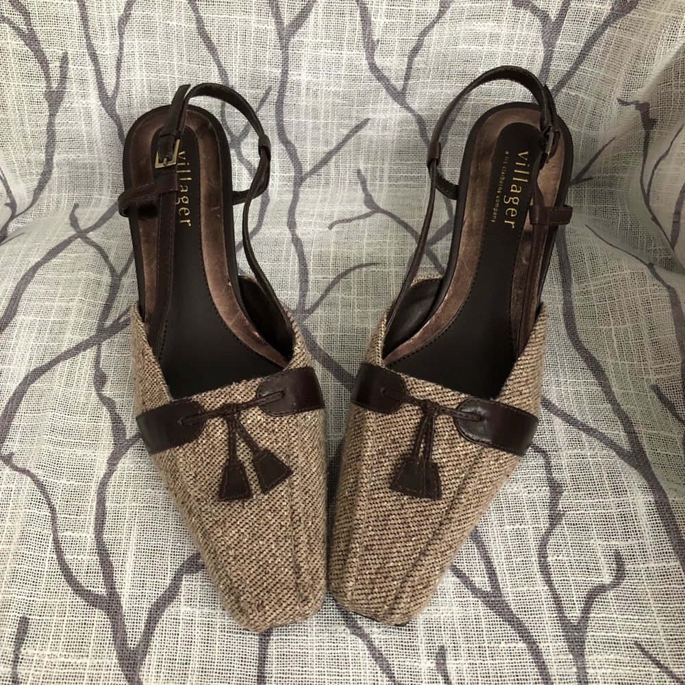 Villager by Liz Claiborne Shoes Brown Tweed Leather Sling Backs Sz 6 1/2M - Picture 2 of 7
